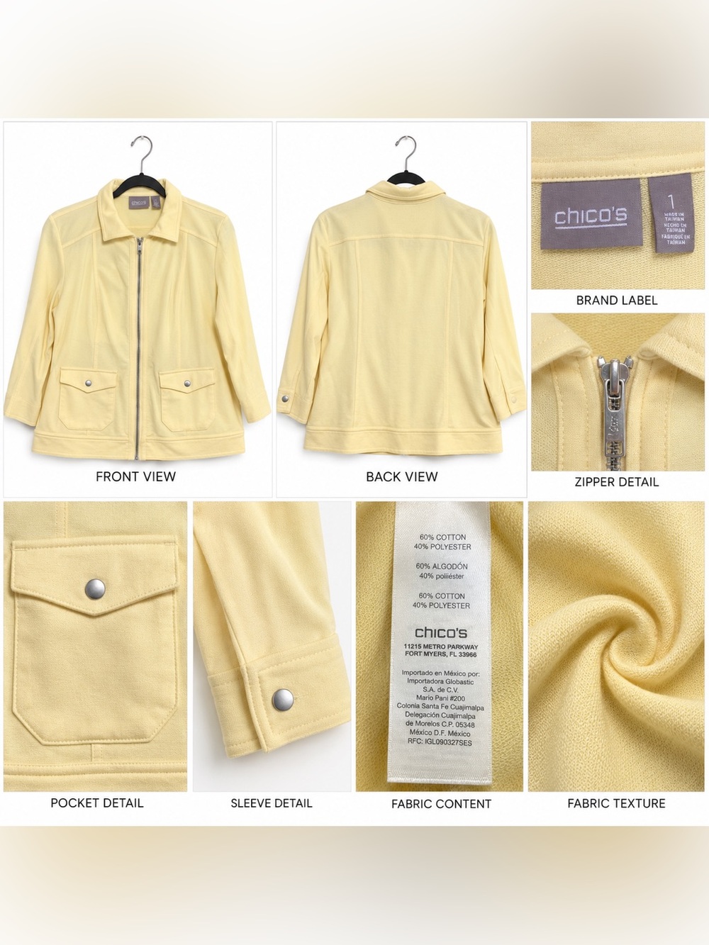 Chico’s Women’s Size 1 Yellow Zip Front Jacket Cotton Blend 3/4 Sleeve Pockets
